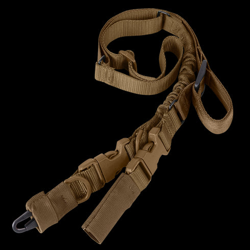 The Condor Stryke Single Bungee Conversion Sling features adjustable straps, plastic buckles, and a metal clip, offering reliable firearm carrying.